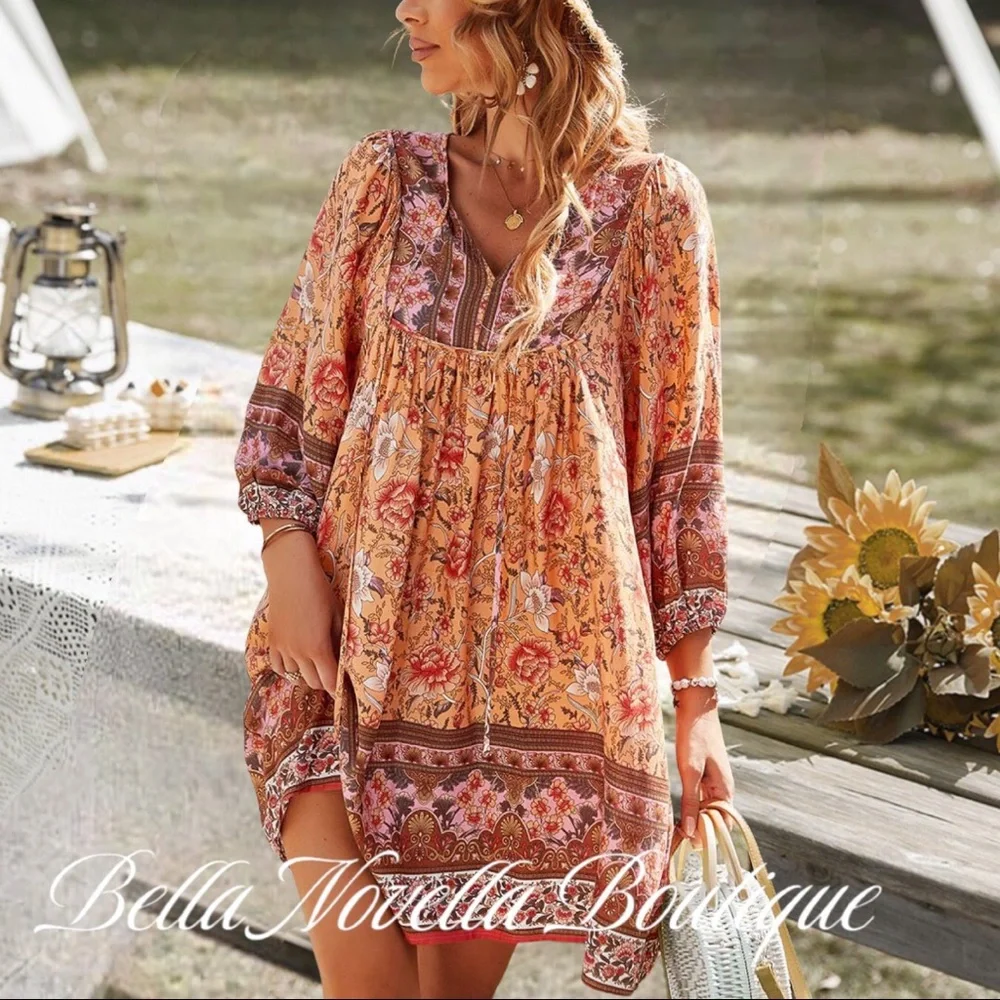 Boho Orange & Pink Floral V-Neck Peasant Dress - Picture 2 of 6
